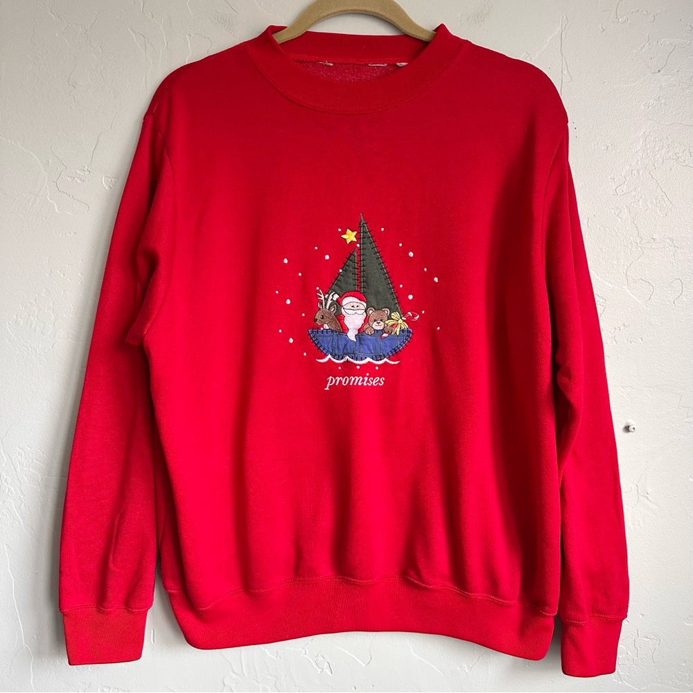 Vintage 80’s Embroidered Christmas Red Sweatshirt Cottagecore Teddy Bear M/L